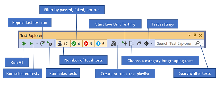 Menjalankan pengujian dari toolbar Test Explorer
