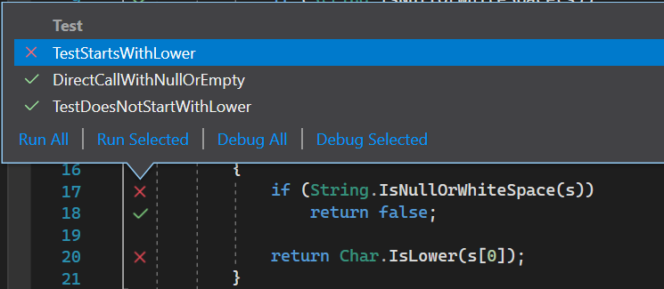 Cuplikan layar yang memperlihatkan status pengujian untuk simbol di Visual Studio.
