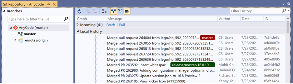 Jendela Repositori Git yang menunjukkan riwayat penerapan cabang di Visual Studio 
