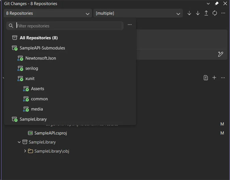 Cuplikan layar pemilih repositori di jendela Perubahan Git memperlihatkan repositori induk dan submodulnya.