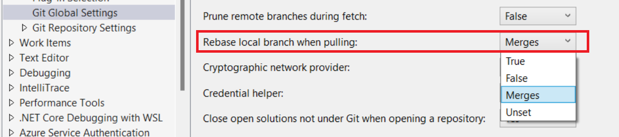 Cuplikan layar yang memperlihatkan 'Rebase cabang lokal saat menarik' disorot dan 'Gabungkan' dipilih dari menu drop-down.