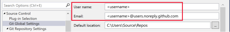 Panel pengaturan Git Global dalam kotak dialog Opsi dengan callout untuk nama pengguna email.