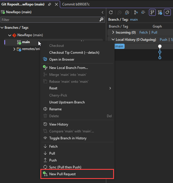 Cuplikan layar yang memperlihatkan jendela Repositori Git. Perintah Permintaan Pull Baru disorot.