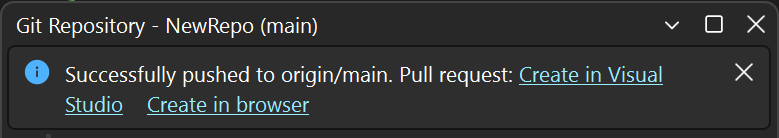 Cuplikan layar jendela Perubahan Git dengan infobar 'Berhasil mendorong QP ke asal. Permintaan pull: Buat di Visual Studio atau buat di browser.' di Visual Studio.