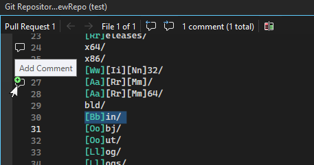 Cuplikan layar memperlihatkan ikon Tambahkan komentar saat meninjau perubahan file dalam permintaan pull.