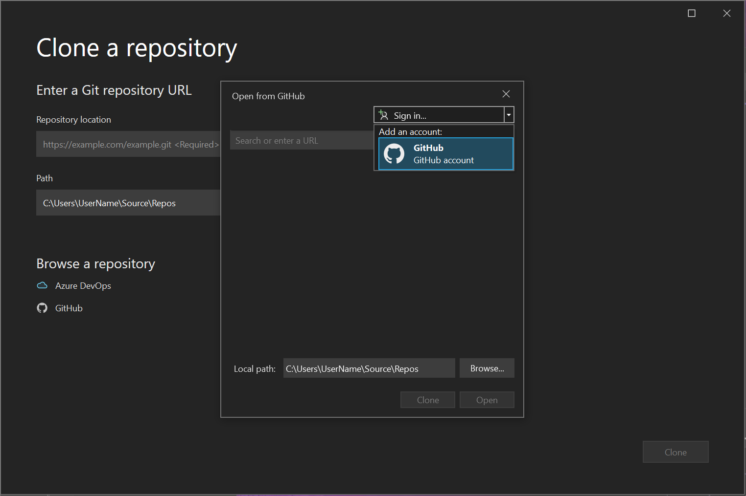 Cuplikan layar bagian drop-down 'Masuk' dari jendela 'Buka dari GitHub'.