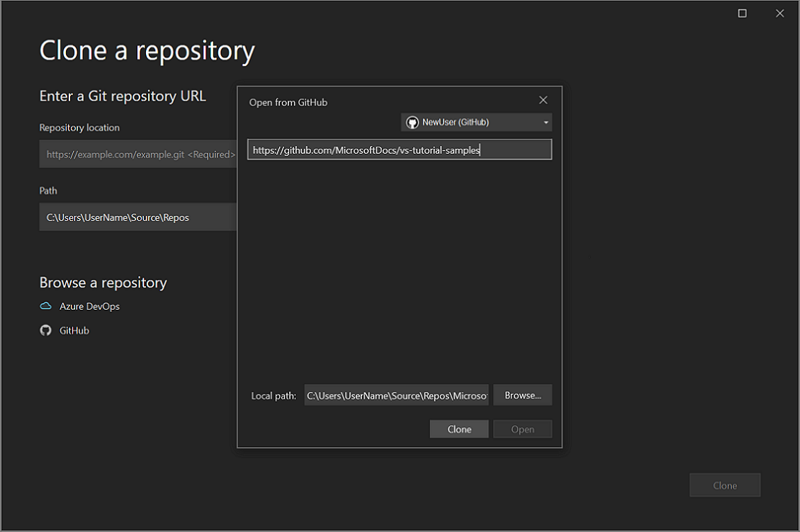 Cuplikan layar jendela Buka dari GitHub tempat Anda dapat memilih repositori atau menambahkannya.