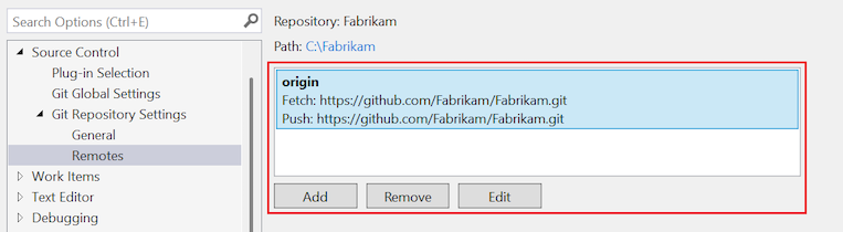 Cuplikan layar yang memperlihatkan bagian Git Remotes untuk repositori lokal.