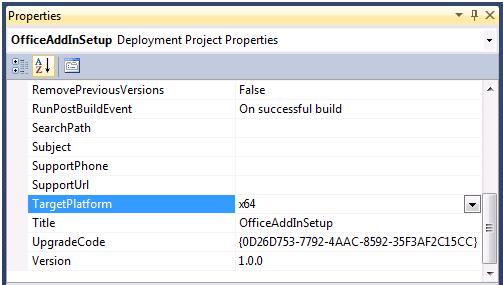 Cuplikan layar Jendela Properti memperlihatkan Platform Target untuk mendaftarkan Add-in dengan Office 64-bit