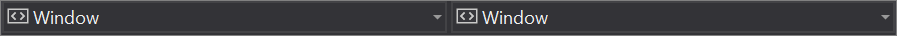 Baris kedua dari dua baris teratas jendela editor kode XAML di Visual Studio, di mana kedua daftar dropdown Jendela terlihat