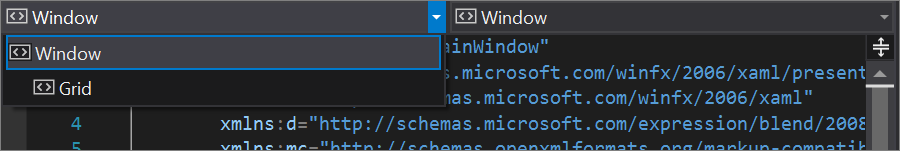 Daftar dropdown Element: Window di Visual Studio