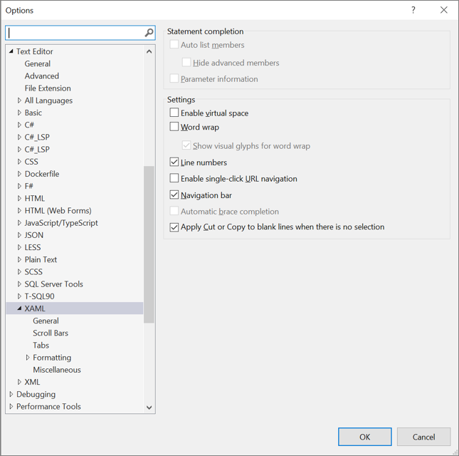 Daftar Opsi untuk editor teks XAML