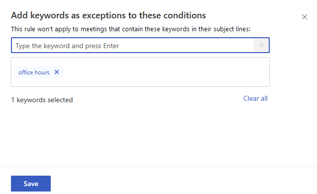 Screenshot that shows the keyword exception pane in the metric rule builder.