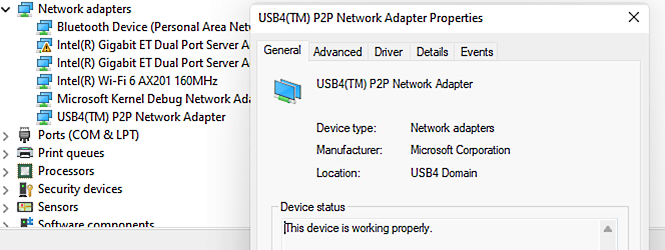 Cuplikan layar properti adaptor jaringan USB4 P2P di Windows Device Manager.