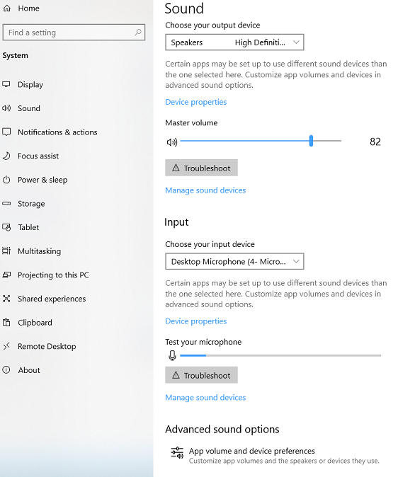 Cuplikan layar halaman pengaturan suara di Windows 10.