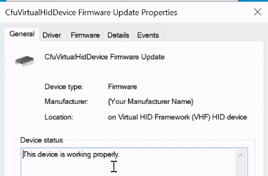 cfu virtual menyembunyikan jendela properti pembaruan firmware perangkat.