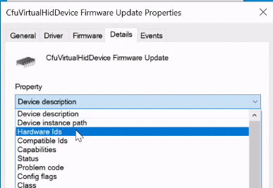 id perangkat keras dalam daftar drop-down properti.