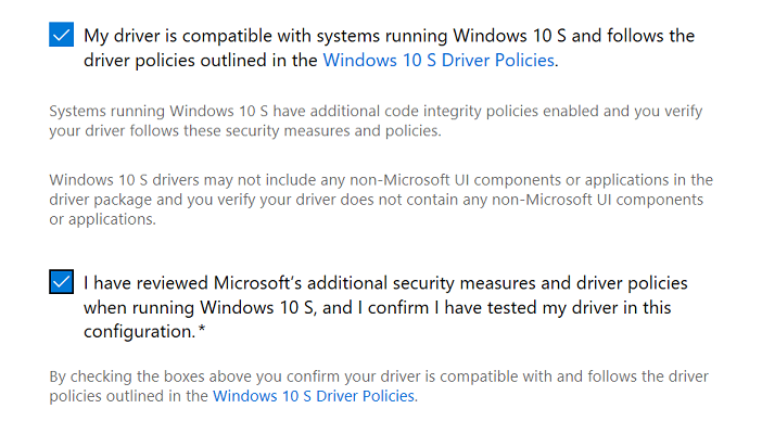 Cuplikan layar dari dua kotak centang yang harus Anda pilih saat mengirimkan driver untuk Windows 10 S.
