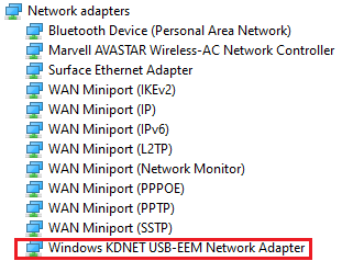 Cuplikan layar Manajer Perangkat yang menampilkan simpul jaringan dengan entri adaptor jaringan Windows KDNET USB-EEM.