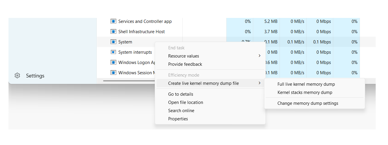 Cuplikan layar antarmuka pengguna cadangan memori langsung Task Manager.