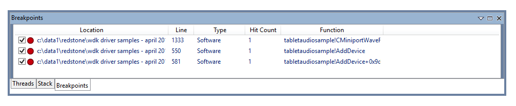 Cuplikan layar jendela titik henti di debugger WinDbg memperlihatkan titik henti saat ini.