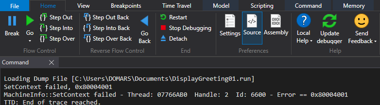 Cuplikan layar debugger WinDbg dengan tema gelap diaktifkan.