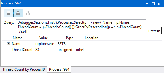 Cuplikan layar jendela Model Data yang menyajikan dua tab dengan judul kustom di WinDbg.