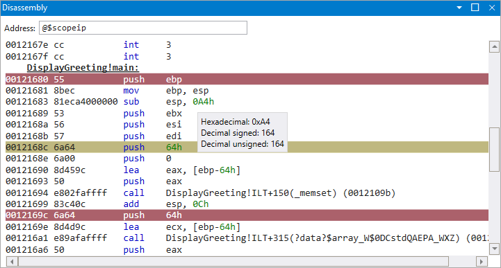 Cuplikan layar jendela pembbongkaran di debugger WinDbg.