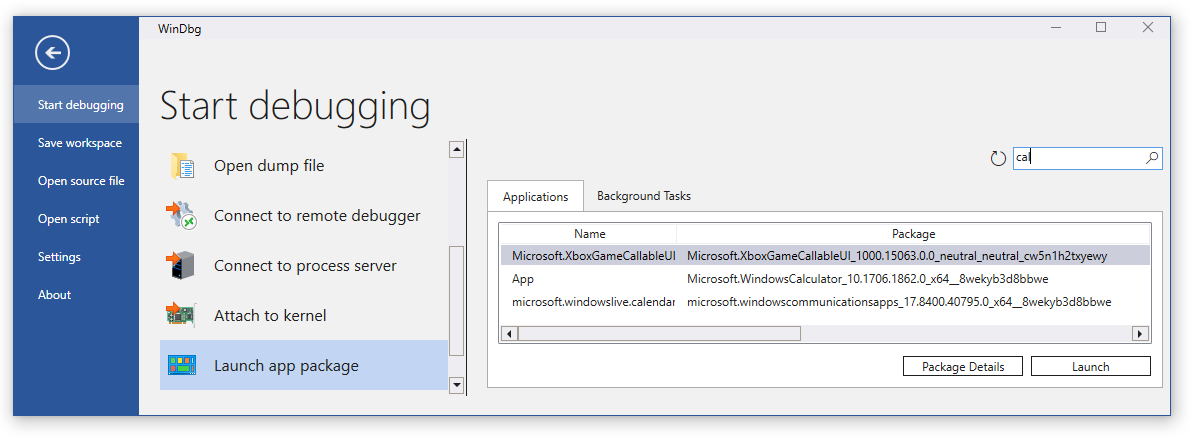Cuplikan layar tab Luncurkan Aplikasi Paket Aplikasi di WinDbg dengan 'cal' di kotak pencarian dan tiga aplikasi yang tercantum.