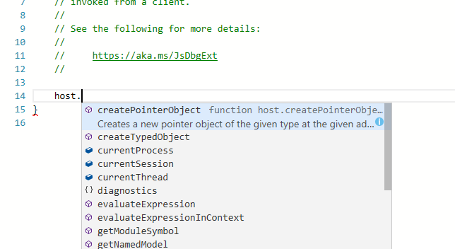 Cuplikan layar jendela pembuatan skrip di debugger WinDbg dengan IntelliSense dan penyorotan kesalahan.