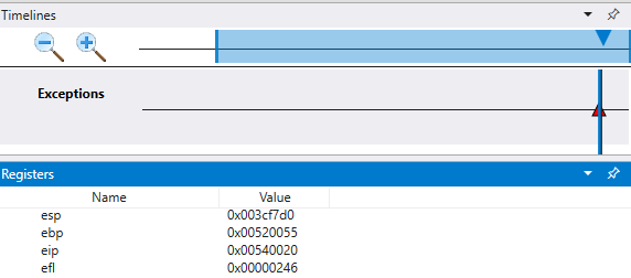 Garis waktu dalam debugger yang menampilkan pengecualian demolab dan jendela daftar.