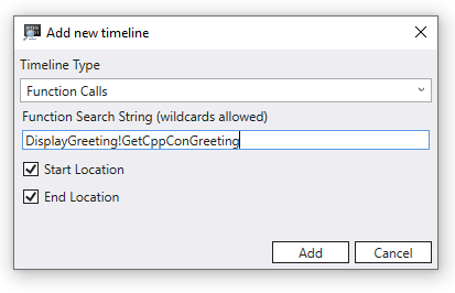 Tambahkan dialog Garis Waktu baru yang menampilkan penambahan garis waktu panggilan Fungsi dengan string pencarian fungsi DisplayGreeting! GetCppCongreeting.