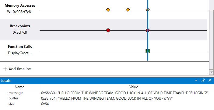 Garis waktu dalam debugger menampilkan garis waktu akses memori dan jendela lokal dengan pesan dan buffer yang berisi nilai string yang berbeda.