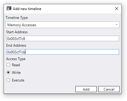 Menambahkan dialog akses memori garis waktu dengan tombol tulis dipilih dan nilai awal 003cf7c8.