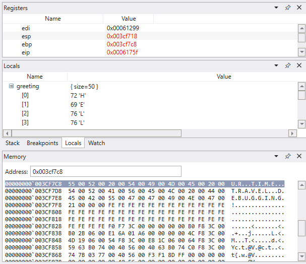 Debugger menampilkan jendela register, stack, dan memory.