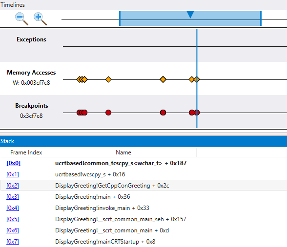 Garis waktu dalam debugger yang menampilkan garis waktu akses memori dan jendela tumpukan.