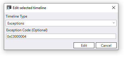 Kotak dialog pengecualian debugger garis waktu dengan jenis garis waktu diatur ke pengecualian dan kode pengecualian diatur ke 0xC0000004.