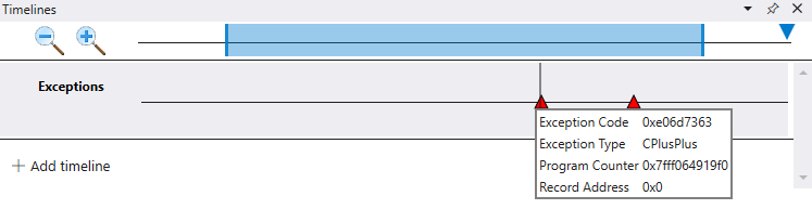 Garis waktu dalam debugger menampilkan pengecualian dengan informasi tentang kode pengecualian tertentu.