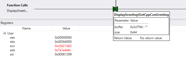 Garis waktu dalam debugger menampilkan panggilan fungsi dan jendela daftar.