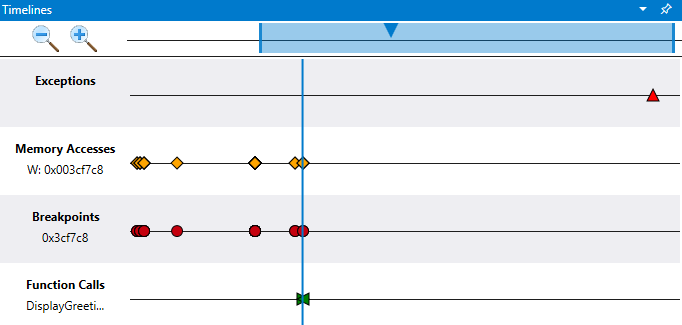 Garis waktu dalam debugger menampilkan pengecualian, akses memori, titik henti, dan panggilan fungsi.