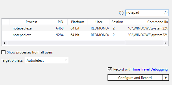 Cuplikan layar menu rekaman proses di WinDbg dengan proses Notepad dipilih untuk perekaman.