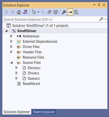 Cuplikan layar penjelajah solusi memperlihatkan file dalam proyek driver.