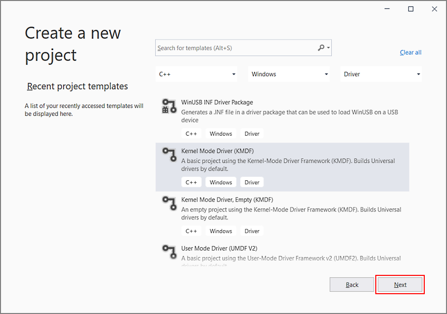Cuplikan layar kotak dialog proyek baru, memperlihatkan driver mode kernel dipilih.