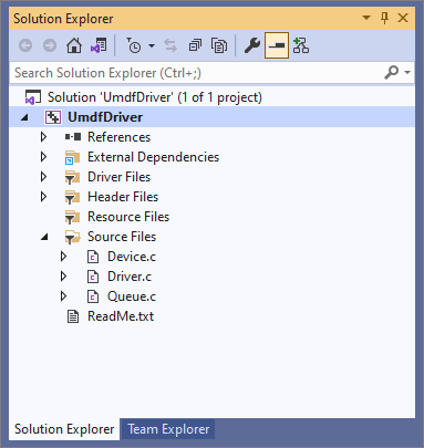 Cuplikan layar penjelajah solusi memperlihatkan file dalam proyek driver.