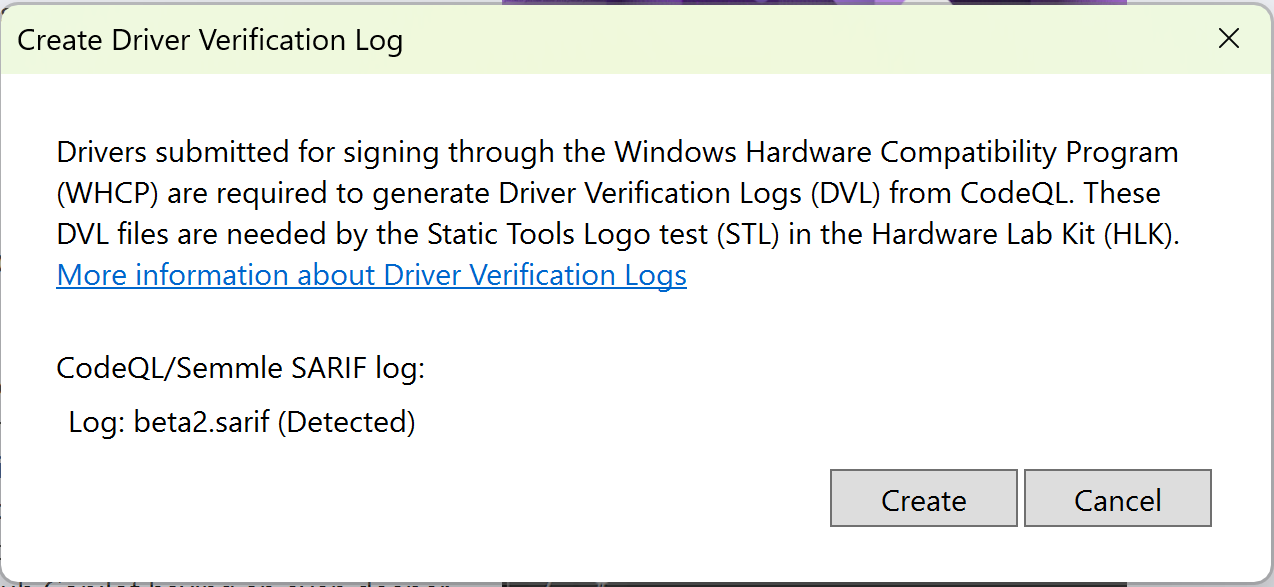 Cuplikan layar pemberitahuan Visual Studio untuk pembuatan CodeQL DVL.
