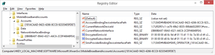 Cuplikan layar entri registri untuk akun broadband seluler yang tidak diurai.