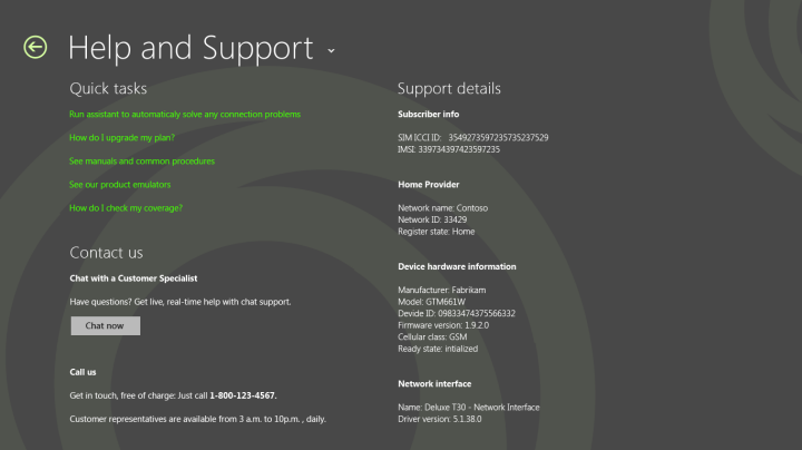 Cuplikan layar halaman bantuan dan dukungan di aplikasi broadband seluler.