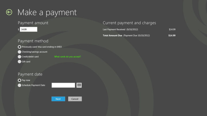 Cuplikan layar formulir buat pembayaran di aplikasi broadband seluler.