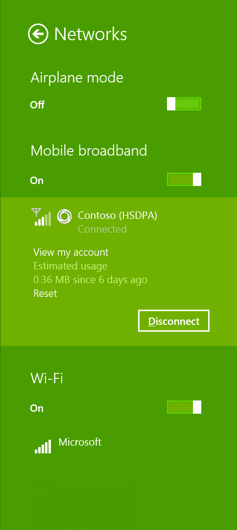 Cuplikan layar Windows Pengelola Sambungan di aplikasi broadband seluler.