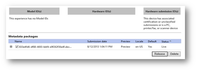 Cuplikan layar opsi untuk merilis paket metadata layanan.